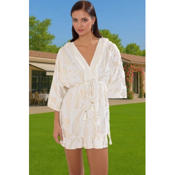 Aksesuarlı V Yaka Mini Elbise Viskoz Dokuma Şal Desenli Yazlık Özel Tasarım Konforlu Kesim