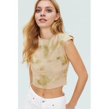Altın Varaklı Örme Pamuklu Bluz Bisiklet Yaka Fitted Crop Yazlık Zarifane Tasarım Rahat Kullanım