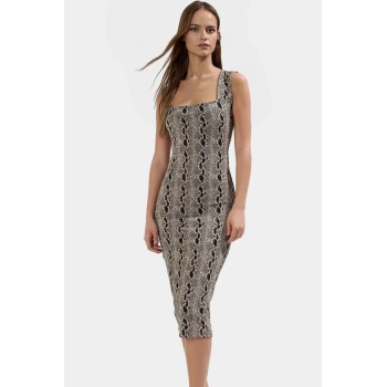 Animal Desenli Kare Yaka Bodycon Midi Örme Elbise Yazlık Rahat Şık Özel Tasarım