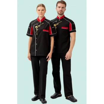 Aşçı Ceketi Kisa Kollu SiyahKırmızı 75 Polyester Evereste Şef Nefes Alabilir Hafif Şık Tasarım