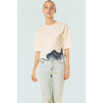 Asimetrik Crop Bluz %100 Pamuk Renk Bloklu Desen Bisiklet Yaka Kısa Kol Trend Tasarım