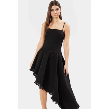 Asimetrik Denim Midi Elbise Kare Yaka Püsküllü Pamuk Günlük Rahat Ve Şık Konforlu Kesim