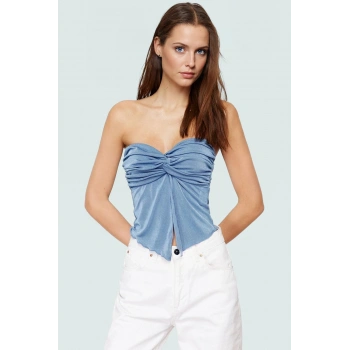 Asimetrik Kalp Yaka Örme Bluz Polyester Crop Buzzy Dokuma Yazlık Rahat Modern Stil Özel Tasarım