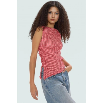 Asimetrik Kolsuz Örme Bluz Jakarlı Dokuma Polyester Kumaş Rahat Kullanım