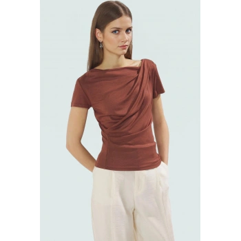 Asimetrik Yaka Basic Bluz 97 Viskoz 3 Elastan Örme Kumaş Yazlık Dayanıklı Malzeme