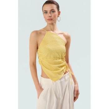 Asimetrik Yaka Çizgili Bluz Fitted Kalıp Dokuma Kumaş Yazlık ve Günlük Kullanım İçin