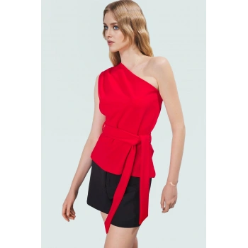 Asimetrik Yaka Fitted Krep Bluz Bel Kuşağı Detaylı Günlük Kullanım İçin Uzun Ömürlü