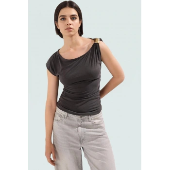 Asimetrik Yaka Kısa Kollu Modal Örme Bluz Günlük Stil Uzun Ömürlü Rahat Ve Şık Konforlu Kesim