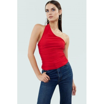 Asimetrik Yaka Kolsuz Fitted Örme Bluz Esnek Polyester Günlük Stil Kaliteli İşçilik Mükemmel Uyum