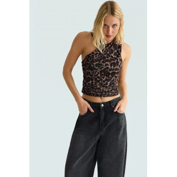 Asimetrik Yaka Leopar Desenli Örme Bluz Fitted Kalıp Yaz için Günlük Kullanım İçin Modern Stil