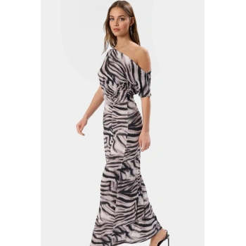 Asimetrik Yaka Maxi Elbise Örme Kumaş Hayvan Desenli Yazlık Şık Premium Kalite Özel Tasarım