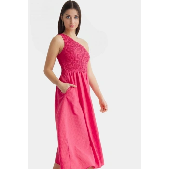 Asimetrik Yaka Midi Elbise Yazlık Şık Dokuma Modern Stil Dayanıklı Malzeme Uzun Ömürlü