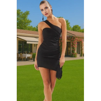 Asimetrik Yaka Mini Elbise Bodycon Kalıp Polyester Elastan Şık Elbise Seçkin Malzeme Özenle Seçilmiş