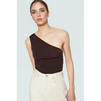 Asimetrik Yaka Örme Bluz Tek Omuz Büzgü Detay Crop Rahat Ve Şık Trend Tasarım Yüksek Kalite