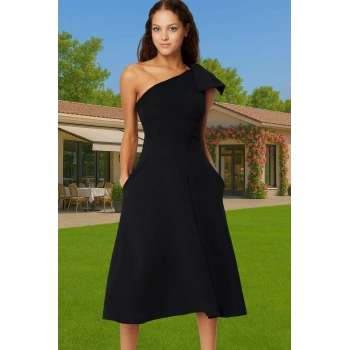 Asimetrik Yaka Tek Kol Midi Boy A Kesim Fiyonklu Dokuma Abiye Elbise Trend Tasarım Uzun Ömürlü