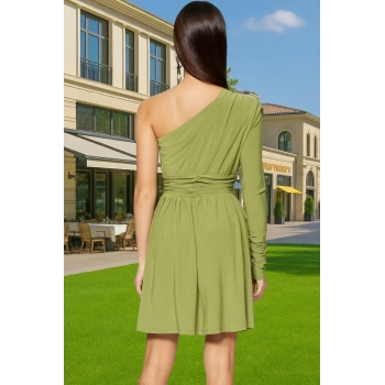 Asimetrik Yaka Tek Kol Uzun Kollu Örme Mini Elbise Polyester Yazlık Uzun Ömürlü Özel Tasarım