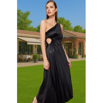 Asimetrik Yaka Tek Omuz Pilise Elbise Saten Örme Midi Boy Profesyonel Görünüm Dayanıklı Malzeme