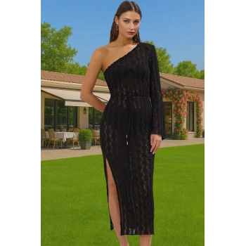 Asimetrik Yaka Uzun Kollu Triko Plaj Elbisesi Kemer Detaylı Şık Dayanıklı Malzeme Konforlu Kesim