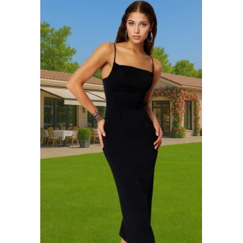 Askılı Bodycon Midi Elbise Simli Örme Polyester Karışımlı Özel Tasarım Seçkin Malzeme Premium Kalite