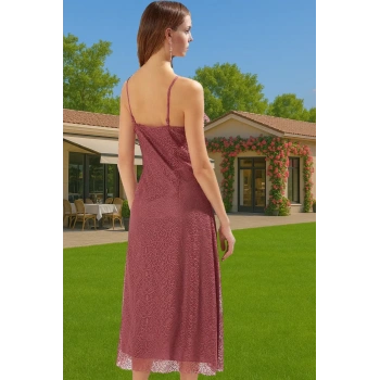 Astarlı Dantel Örme Midi Abiye Elbise Kalp Yaka Volan Detaylı Özel Tasarım Zarifane Tasarım