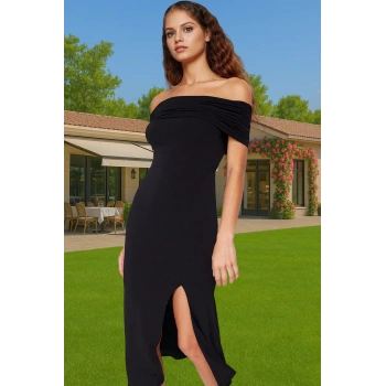 Astarlı Kadın Carmen Yaka Örme Midi Elbise Polyester Karışımlı Yazlık Şık Elbise Rahat Ve Şık