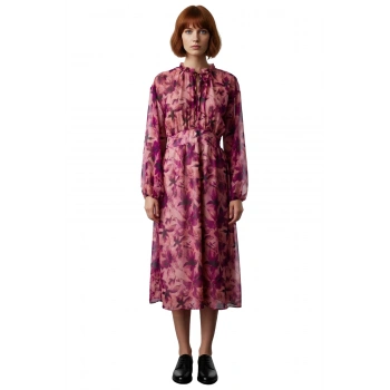 Astarlı Kadın Skater Midi Elbise Şifon Dokulu Baharlık Uzun Kollu Pembe Çiçek Desenli Stil