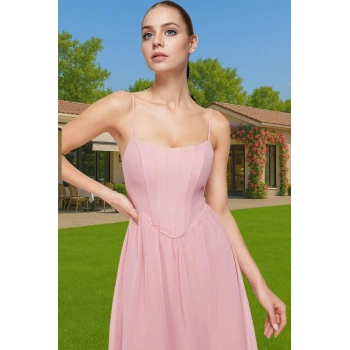 Astarlı Korse Detaylı Şifon Midi Abiye Elbise Kaliteli İşçilik Özenle Seçilmiş Özel Tasarım