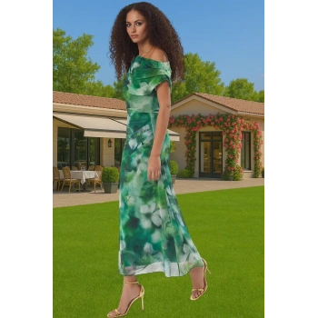 Astarlı Örme Tül Abiye Elbise Çok Renkli Desenli Midi Boy Şık Görünüm Özenle Seçilmiş Trend Tasarım