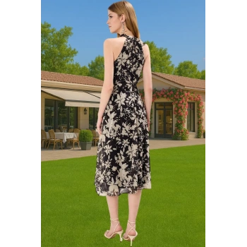 Astarlı Şifon Halter Yaka Kuşaklı Midi Elbise Yazlık Rahat Konforlu Kesim Günlük Kullanım İçin