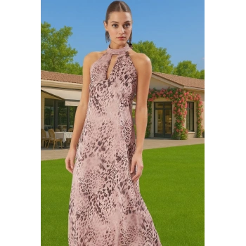 Astarlı Şifon Midi Abiye Elbise Halter Yaka Desenli Yazlık Kaliteli İşçilik Özenle Seçilmiş