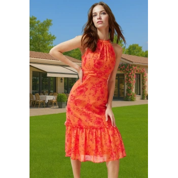 Astarlı Şifon Midi Elbise A Kesim Halter Yaka Çiçek Desenli Rahat Uzun Ömürlü Şık Görünüm