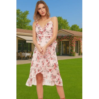 Astarlı Şifon Midi Elbise V Yaka Kruvaze Desenli Kaliteli İşçilik Özenle Seçilmiş Rahat Ve Şık