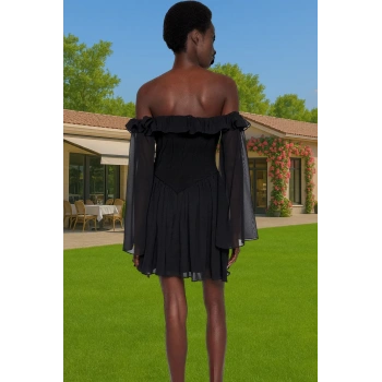 Astarlı Şifon Mini Elbise Carmen Yaka Volanlı Yazlık Özel Tasarım Özenle Seçilmiş Zarifane Tasarım