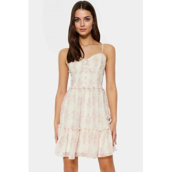 Astarlı Şifon Mini Elbise Yazlık Kalp Yaka Çiçek Desenli Dokuma Kumaş Premium Kalite