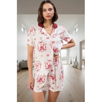 Ayıcıklı Desenli Shally Dokuma Viskoz Pijama Takımı Uzun Ömürlü Zarifane Tasarım Mükemmel Uyum