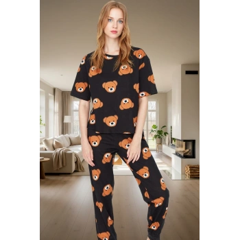 Ayıcıklı Kadın Pijama Takımı; %100 Pamuk Boru Paça Regular Kalıp Konforlu Kesim