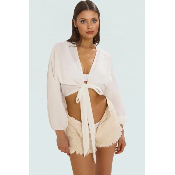 Bağlamalı Dokuma Plaj Bluz Regular Kalıp Uzun Kollu Yazlık Rahat Kaliteli İşçilik