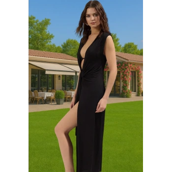 Bağlamalı V Yaka Örme Maxi Plaj Elbisesi Viskoz Yazlık Yüksek Kalite Özenle Seçilmiş Konforlu Kesim