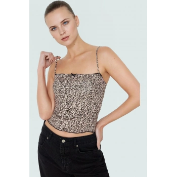 Basic Crop Bluz Leopar Desenli Poliamid Örme Rahat Premium Kalite Seçkin Malzeme Zarifane Tasarım