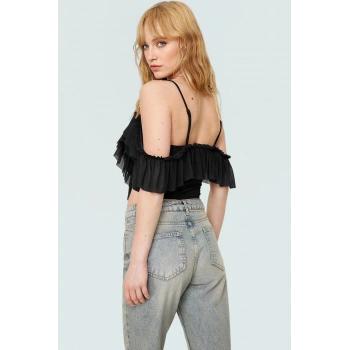 Basic Crop Bluz Regular Kalıp Örme Kumaş V Yaka Fırfırlı Detay Şık Görünüm