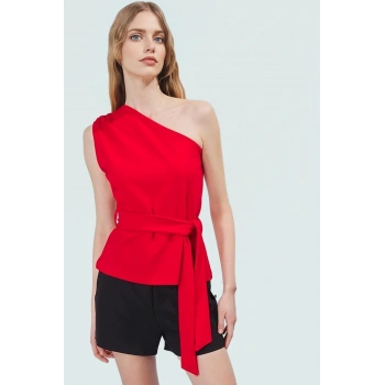 Basic Fitted Scuba Krep Bluz Asimetrik Yaka ve Kuşak Detay Dayanıklı Malzeme Trend Tasarım