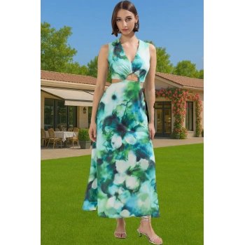 Batik Desenli Maxi Elbise A Line Kalıp Polyester Kumaş Yazlık Elbise Uzun Ömürlü Yüksek Kalite