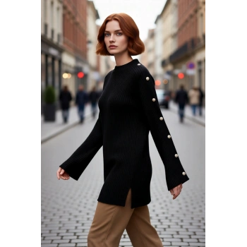 Bayan Kışlık Akrilik Materyal Casual Triko Kazak Regular Kesim Uzun Kol Düğme Detayı Rahatlık Sunar
