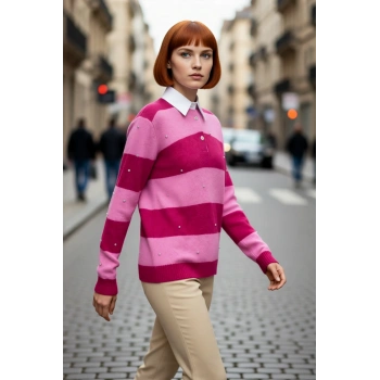 Bayan Yumuşak Dokulu Polo Yaka Çizgili Oversize Triko Kazak Düşük Kol Detaylı Kışlık Casual Şıklık