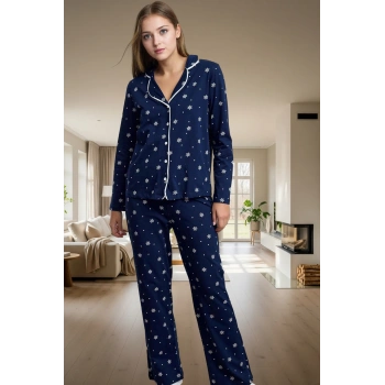 Biyeli Kışlık Pijama Takımı %100 Pamuk Örme Kumaş Rahat Kalıp Profesyonel Görünüm
