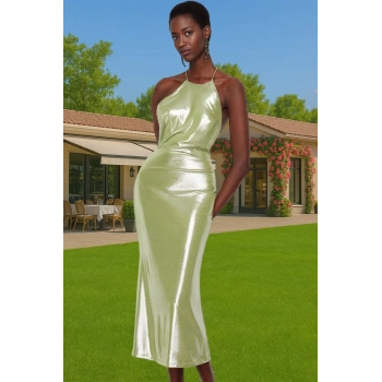 Bodycon Halter Midi Elbise Metalik Örme Polyester Yazlık Modern Stil Mükemmel Uyum Şık Görünüm