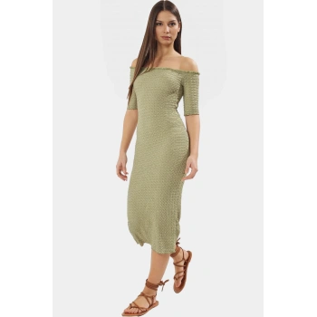 Bodycon Midi Elbise Carmen Yaka Renk Gofre Dokuma Örme Kumaş Uzun Ömürlü Rahat Ve Şık