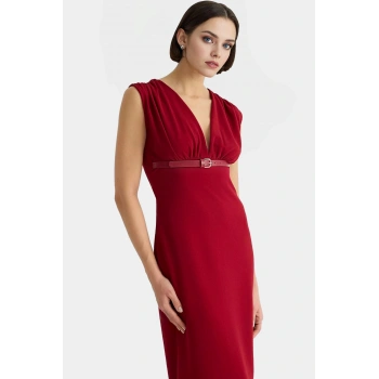 Bodycon Midi Elbise V Yaka Kemerli Scuba Krep Polyester Günlük Uzun Ömürlü Modern Stil