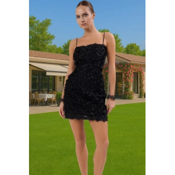 Bodycon Mini Abiye Elbise 3D Gül Aplike Detaylı Polyester Tül Kumaş Kaliteli İşçilik Şık Görünüm
