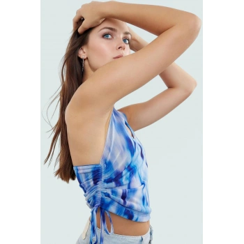 Boyundan Bağlamalı Crop Bluz Soyut Desenli Örme Tül Günlük Stil Yüksek Kalite